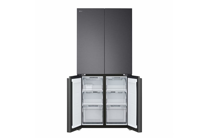 Vista frontale del Frigorifero Multidoor Slim LG GMBS30SDEP con le due porte superiori del vano frigorifero chiuse e le due porte inferiori del freezer aperte.
