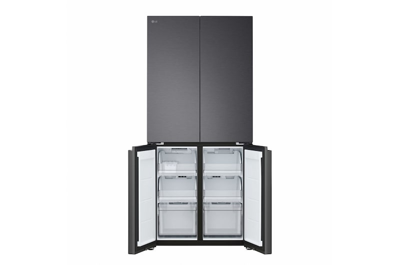 Vista frontale del Frigorifero Multidoor Slim LG GMBS30SDEP con le due porte superiori del vano frigorifero chiuse e le due porte inferiori del freezer aperte.