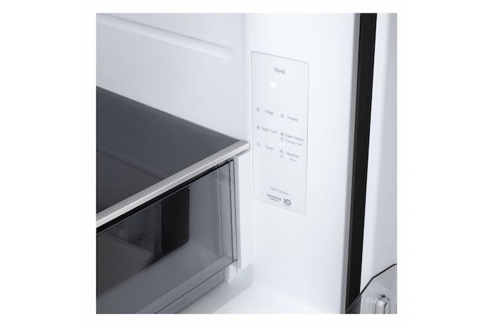 Frigorifero Multidoor Slim LG GMBS30SDEP con pannello di controllo ThinQ laterale, funzioni Super Cool, Super Freeze e modalità Vacation.