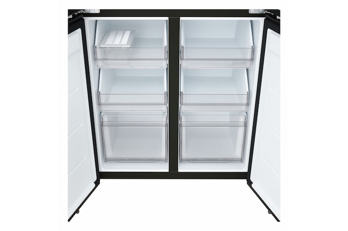 Frigorifero Multidoor Slim LG GMBS30SDEP con freezer multidoor aperto e cassetti trasparenti vuoti.