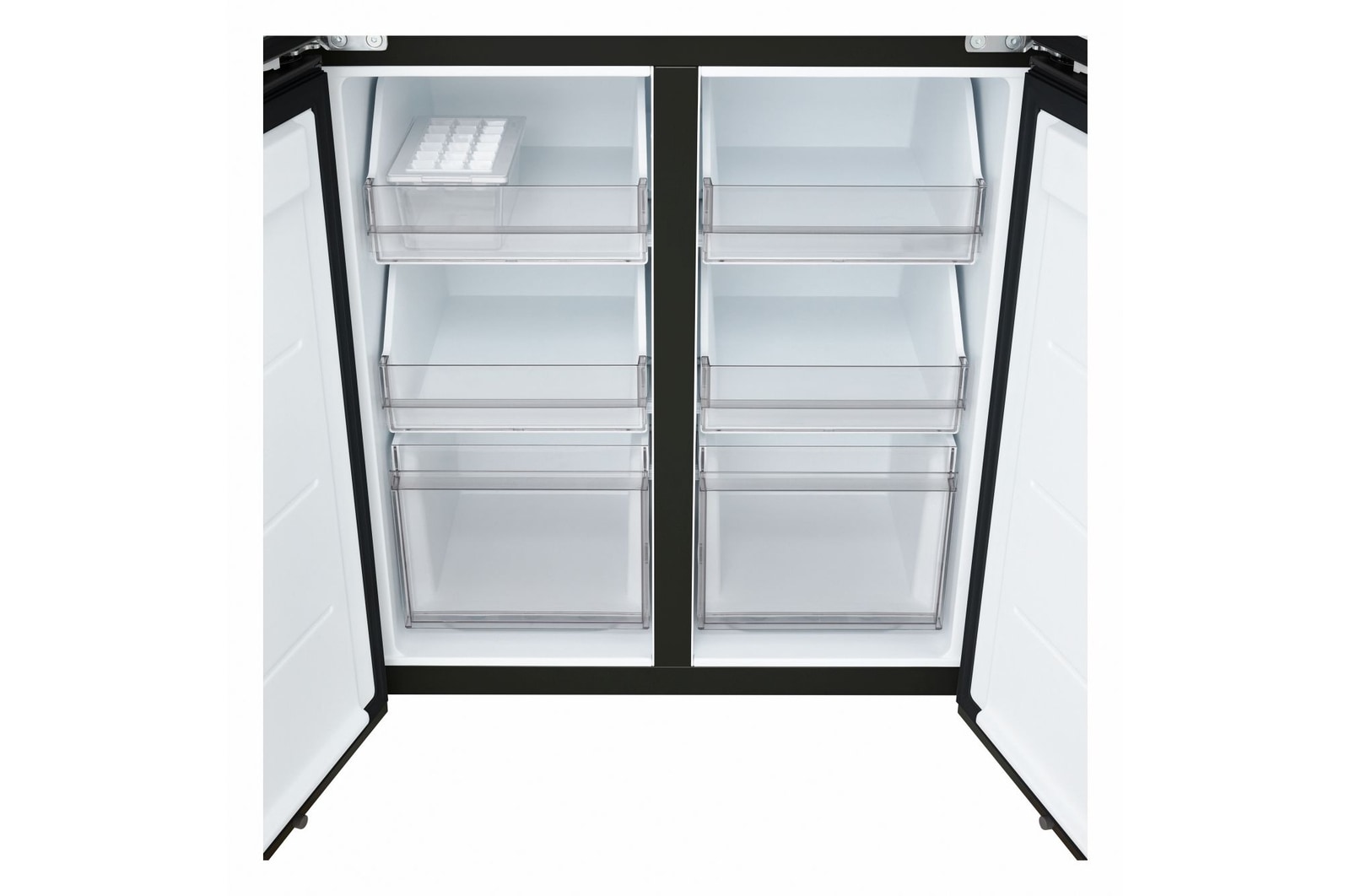 Frigorifero Multidoor Slim LG GMBS30SDEP con freezer multidoor aperto e cassetti trasparenti vuoti.