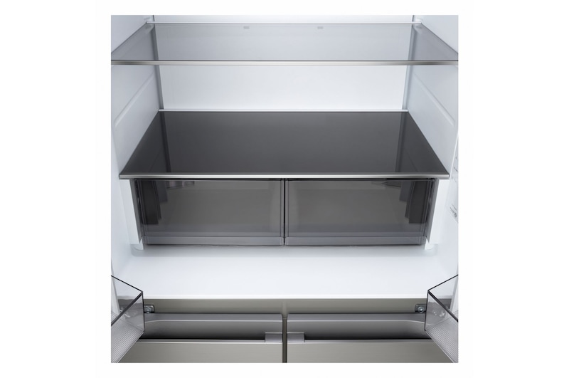 Frigorifero Multidoor Slim LG GMBS30SDPY, dettaglio interno con ripiano in vetro e cassetti inferiori.