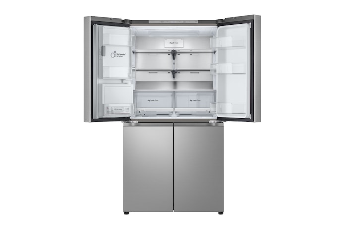 Vista frontale con porte del frigo aperte e porte del freezer chiuse