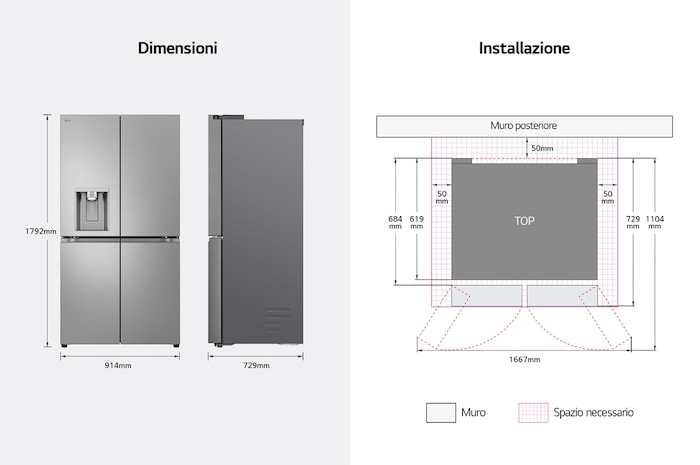 Immagine con le dimensioni del frigorifero e le misure per l'installazione