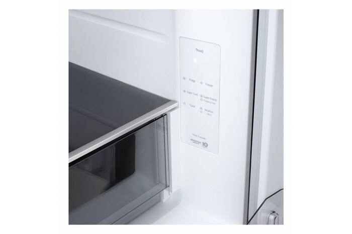 Frigorifero Multidoor Slim Instaview LG GMVS30SEPY con pannello di controllo ThinQ laterale, funzioni Super Cool, Super Freeze e modalità Vacation.