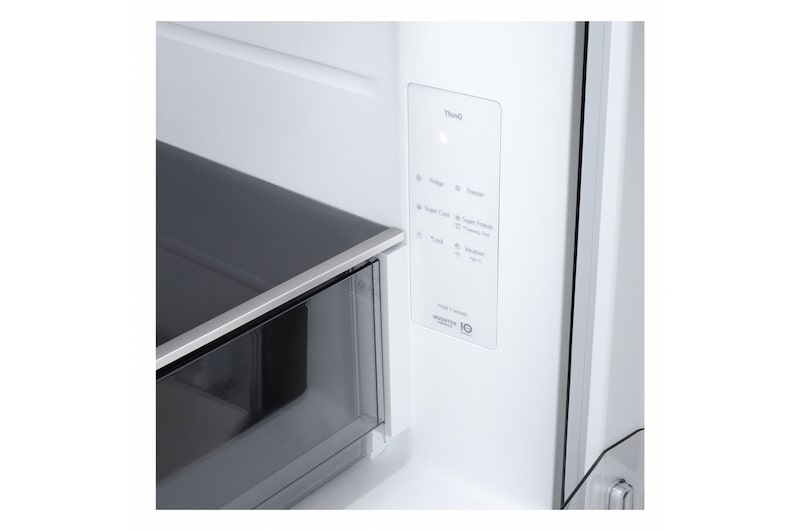 Frigorifero Multidoor Slim Instaview LG GMVS30SEPY con pannello di controllo ThinQ laterale, funzioni Super Cool, Super Freeze e modalità Vacation.