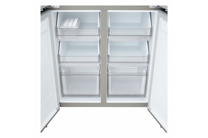 Frigorifero Multidoor Slim Instaview LG GMVS30SEPY con freezer multidoor aperto e cassetti trasparenti vuoti.