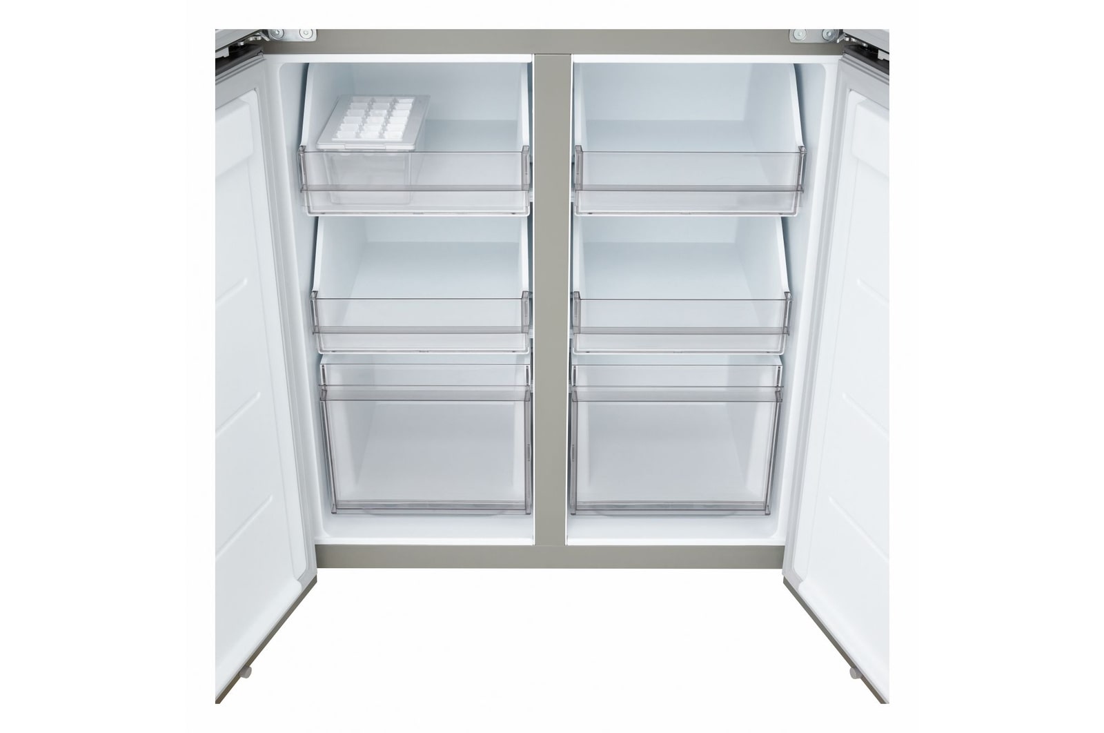 Frigorifero Multidoor Slim Instaview LG GMVS30SEPY con freezer multidoor aperto e cassetti trasparenti vuoti.