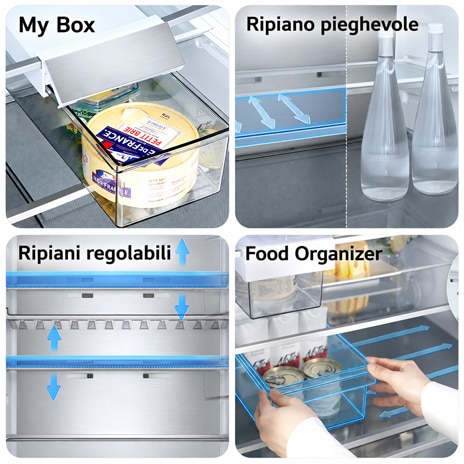 Quattro riquadri che mostrano l'organizzazione interna e i ripiani regolabili del frigo.