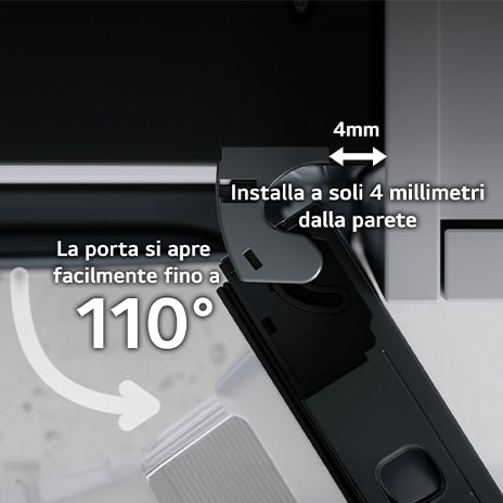 Dettaglio cerniera frigo: installazione a 4mm dalla parete e apertura porta a 110°.