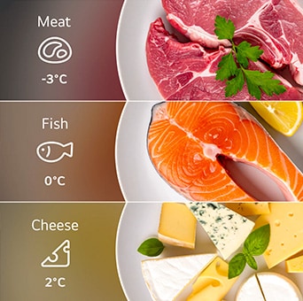 Carne, pesce e formaggio sono mostrati con impostazioni di temperatura selezionabili di -3°C, 0°C e 2°C.
