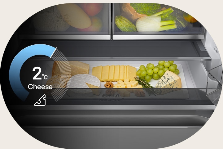 Indicatore circolare che mostra 2°C, insieme al formaggio fresco conservato nel cassetto FRESHConverter+™.