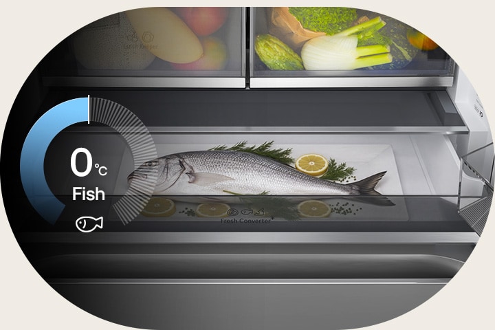Indicatore circolare che mostra 0°C, insieme al pesce fresco conservato nel cassetto FRESHConverter+™.	