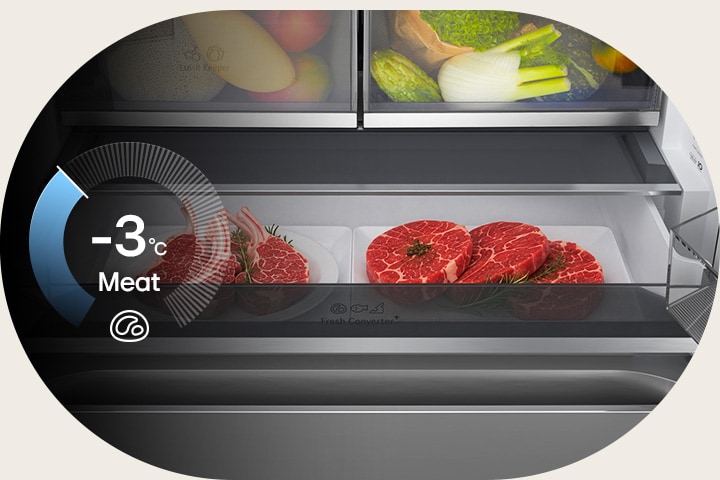 Indicatore circolare che mostra -3°C, insieme alla carne fresca conservata nel cassetto FRESHConverter+™.	