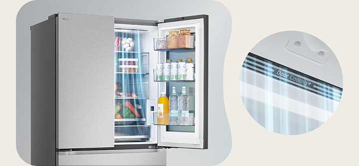Un frigorifero LG con la porta aperta, che mette in risalto il flusso d'aria DoorCooling+ per un raffreddamento più rapido e uniforme.