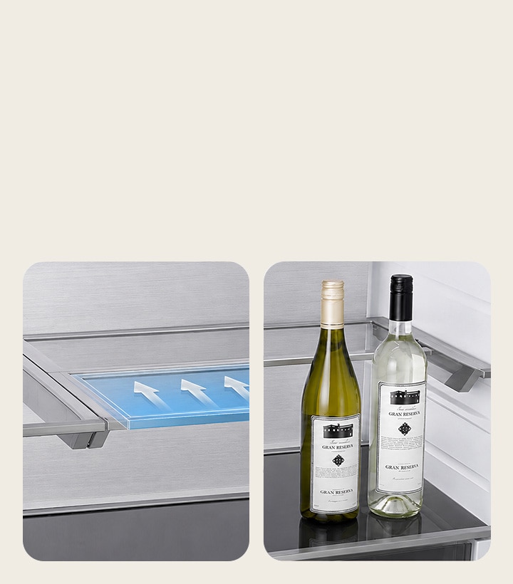 A sinistra, ripiano retrattile evidenziato in blu con frecce su-giù; a destra, ripiano piegato contenente due bottiglie di vino.