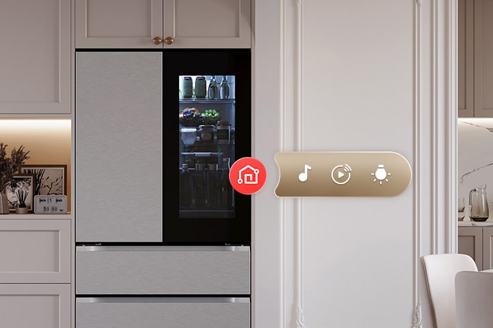 Vista frontale di un frigorifero LG con icone dell'interfaccia che rappresentano le funzionalità di ThinQ UP.