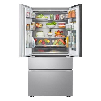 LG GMVW50DDMB Frigorifero Multidoor, vista interna con porte aperte e alimenti sui ripiani.