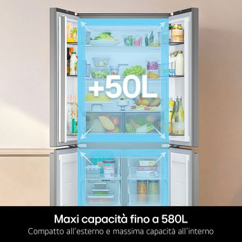 LG GMVW50DDMB Frigorifero Multidoor, maxi capacita interna fino a 580 litri con porte aperte.