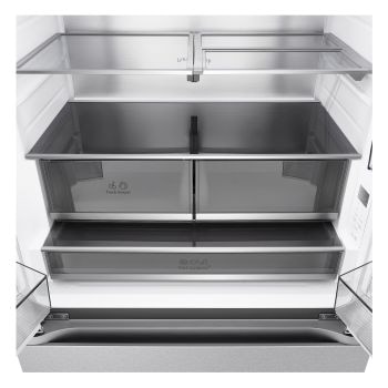 LG GMVW50DDMB Frigorifero Multidoor, dettaglio ripiani in vetro e cassetti Fresh Keeper.