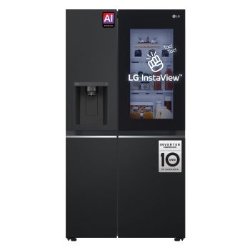 Vista frontale con pannello di controllo touch, display e adesivi informativi del Frigorifero Side-by-Side LG GSGV80EPLL