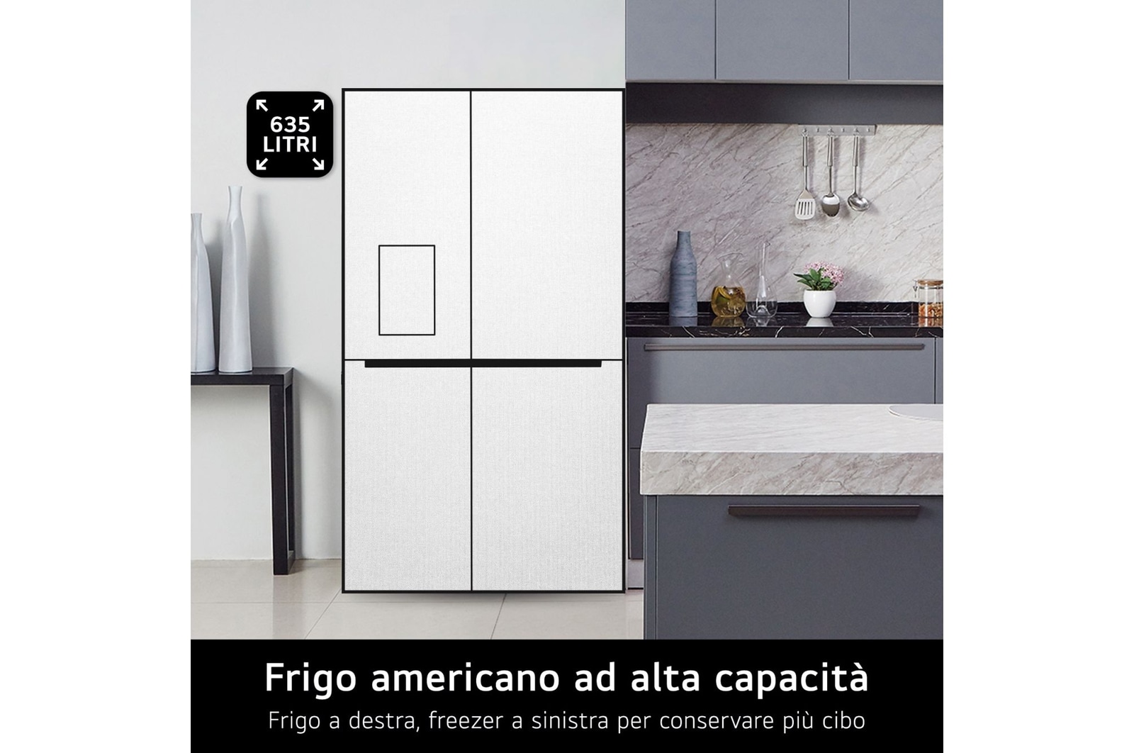 LG Frigorifero Side-by-Side InstaView | Classe D, 635L | Wi-Fi, Dispenser con allaccio, Fresh Balancer, No frost | Argento, GSGV80PYLD