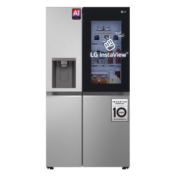 Vista frontale con pannello di controllo touch, display e adesivi informativi del Frigorifero Side-by-Side LG GSGV81PYLL