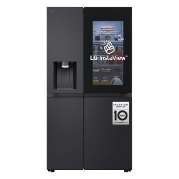 Vista frontale con adesivi informativi del Frigorifero Side by Side LG GSXE91EVAD