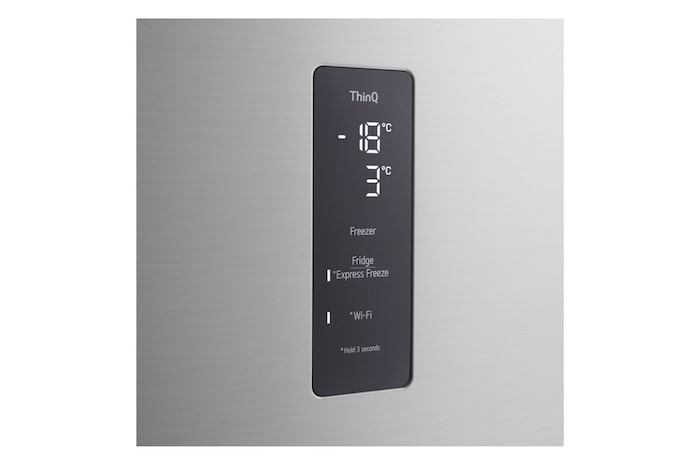 Foto del frigorifero LG GTFV61PYBQD con dettagli su schermo digitale