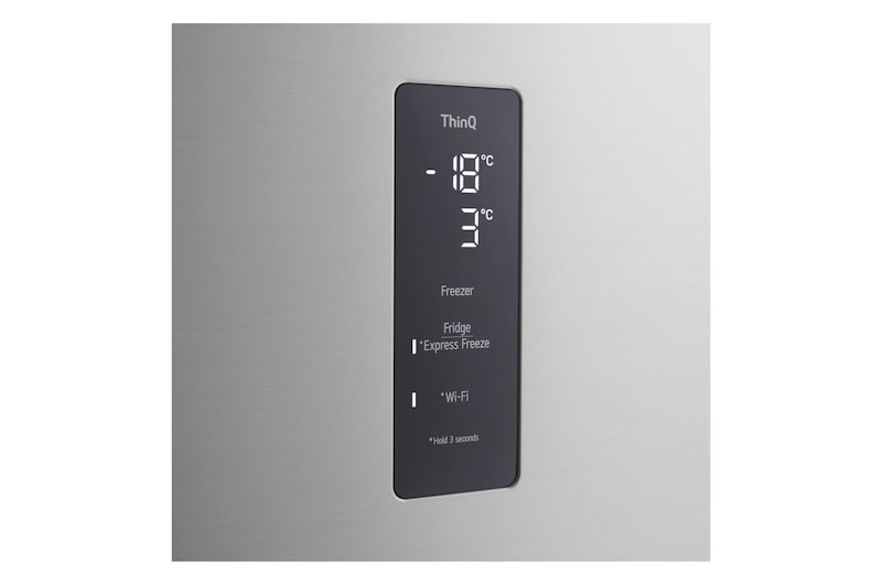 Foto del frigorifero LG GTFV61PYBQD con dettagli su schermo digitale