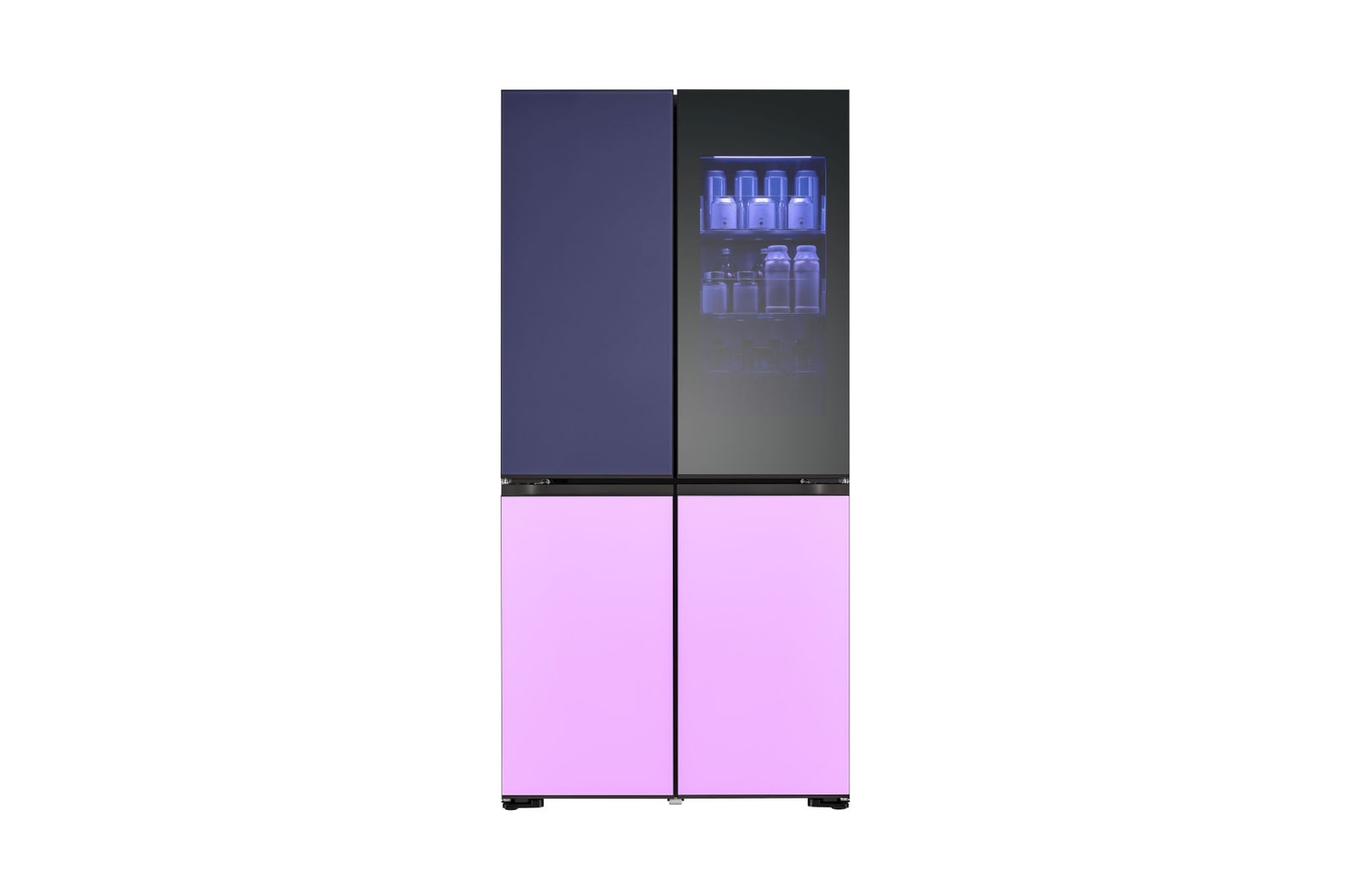Frigorifero chiuso con porte inferiori di colore rosa e porta superiore e InstaView di colore viola