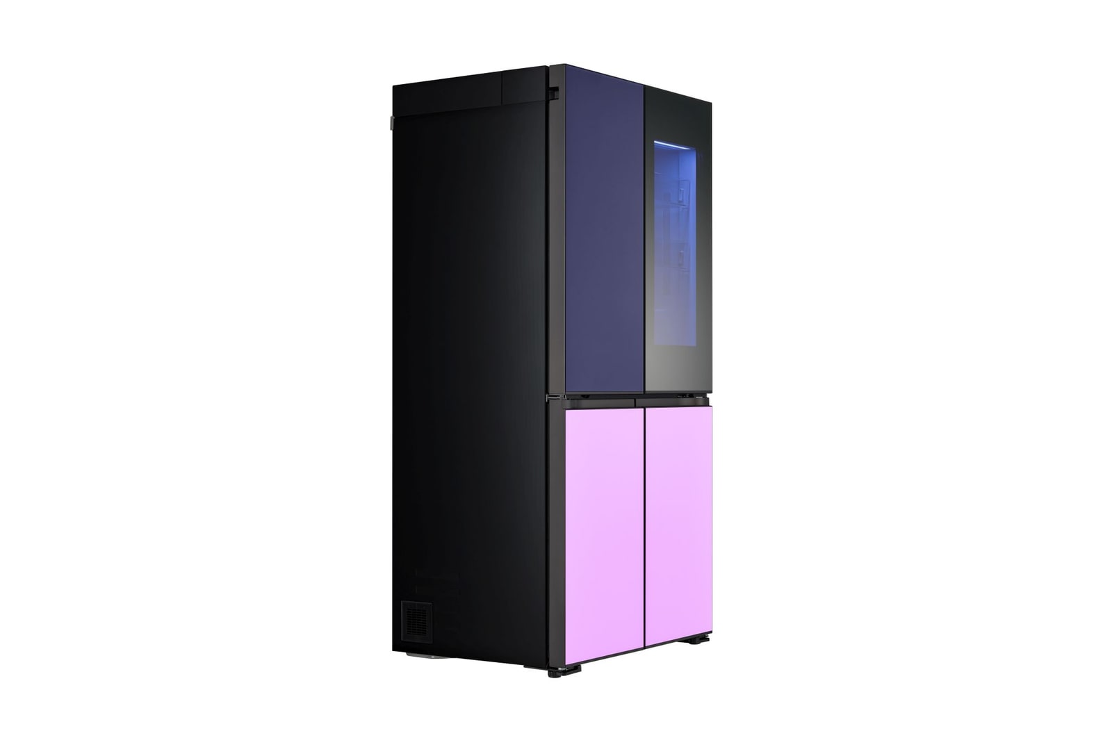Frigorifero a tre quarti chiuso con porte inferiori di colore rosa e porta superiore e InstaView di colore viola