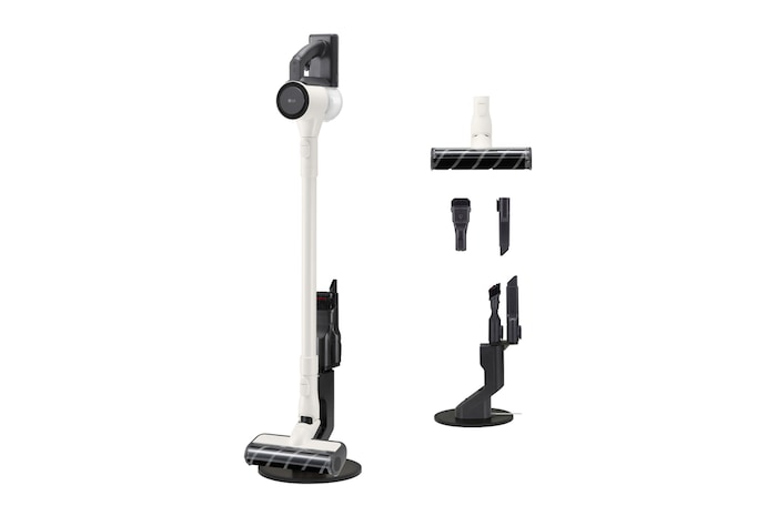 Vista frontale dell'aspirapolvere inserito nella sua base