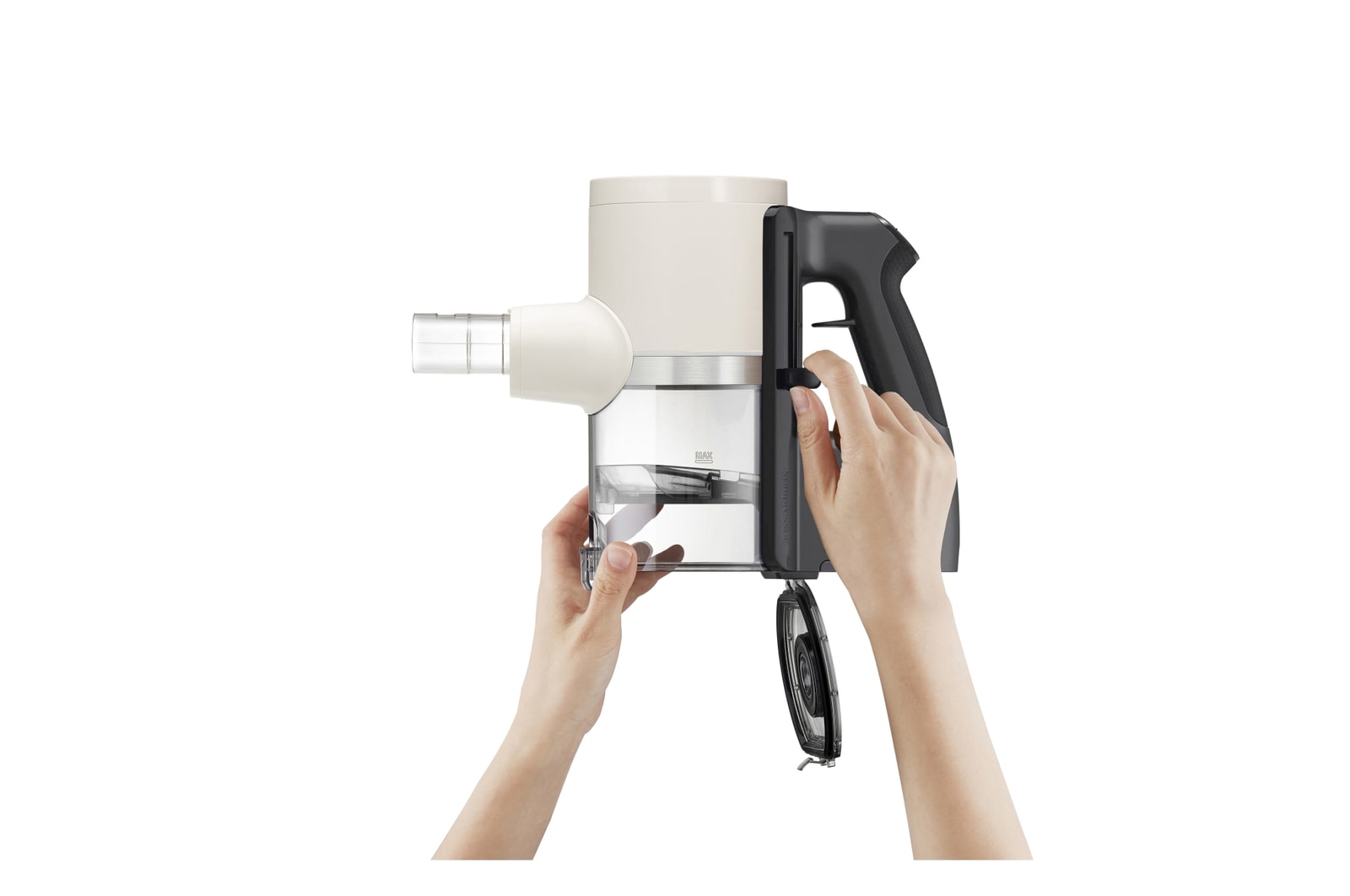 Dettaglio del corpo dell'Aspirapolvere CordZero A9T-PRIME1C mentre si aziona la leva Kompressor
