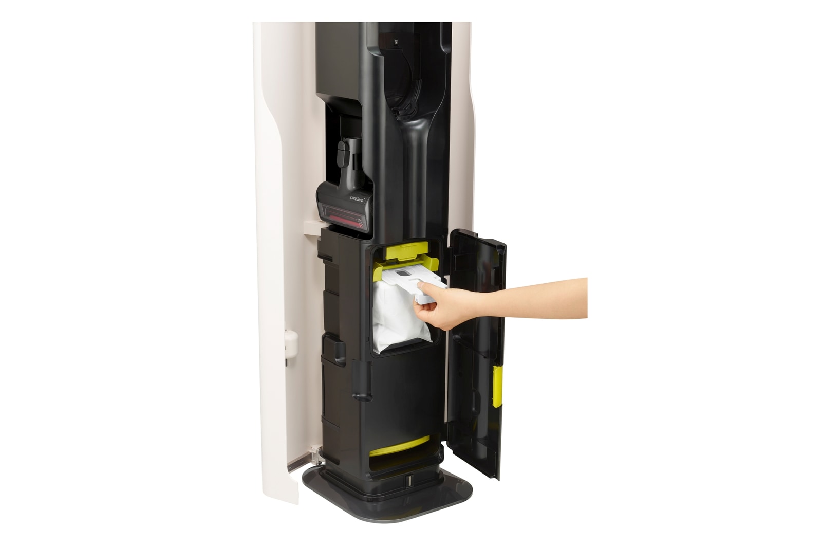 Dettaglio del sacchetto dell'aspirapolvere contenuto nella stazione all-in-one