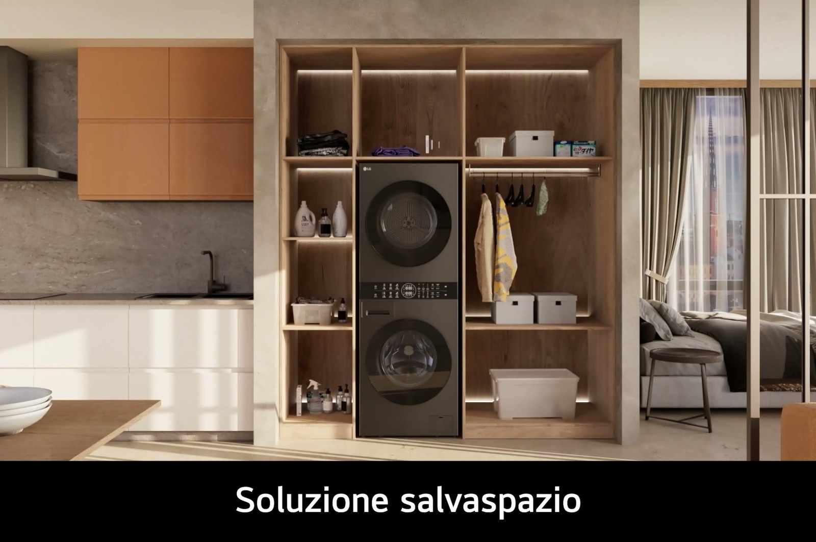 vista ambientata soluzione salvaspazio colonna bucato LG wt1716bbf