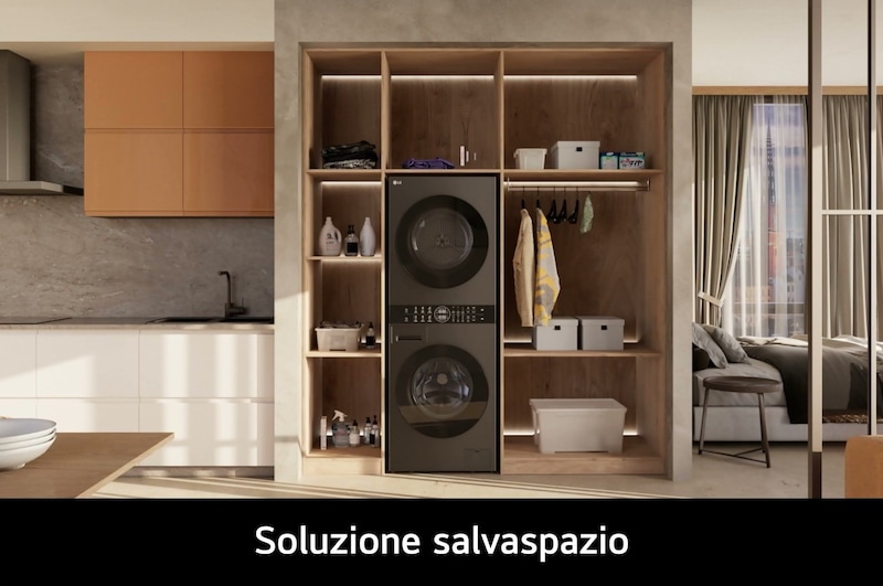 vista ambientata soluzione salvaspazio colonna bucato LG wt1716bbf