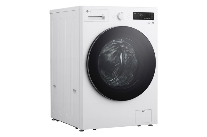Lavatrice LG F0NT116TWC - Vista di tre quarti che mostra il design pulito e moderno della scocca laterale e del pannello di controllo superiore.