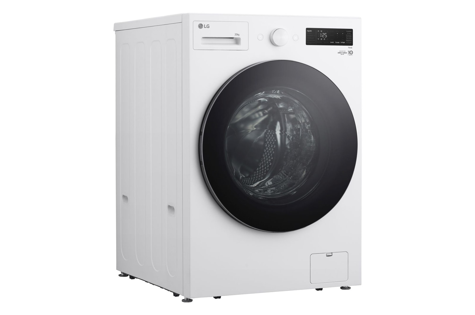 Lavatrice LG F0NT116TWC - Vista di tre quarti che mostra il design pulito e moderno della scocca laterale e del pannello di controllo superiore.