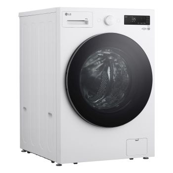 Lavatrice LG F0NT116TWC - Vista di tre quarti che mostra il design pulito e moderno della scocca laterale e del pannello di controllo superiore.