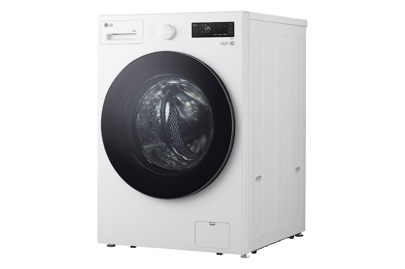 Lavatrice LG F0NT116TWC - Vista di tre quarti che mostra il design pulito e moderno della scocca laterale e del pannello di controllo superiore.