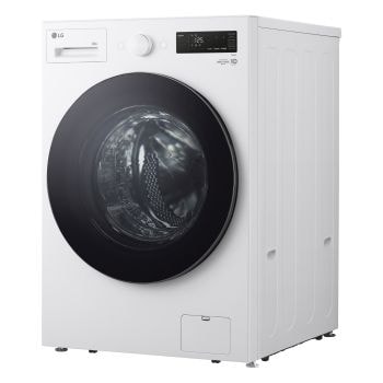 Lavatrice LG F0NT116TWC - Vista di tre quarti che mostra il design pulito e moderno della scocca laterale e del pannello di controllo superiore.