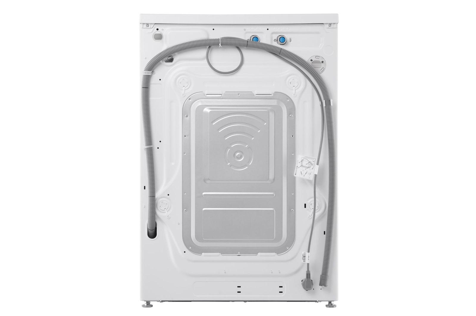 Lavatrice LG F0NT116TWC - Dettaglio del retro della lavatrice con i tubi di carico e scarico e il cavo di alimentazione correttamente alloggiati.