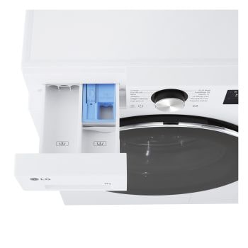 Foto dall'alto con vista vaschetta detersivo aperto lavatrice LG F2NX50S8TCL Serie X5 Classe A-30%