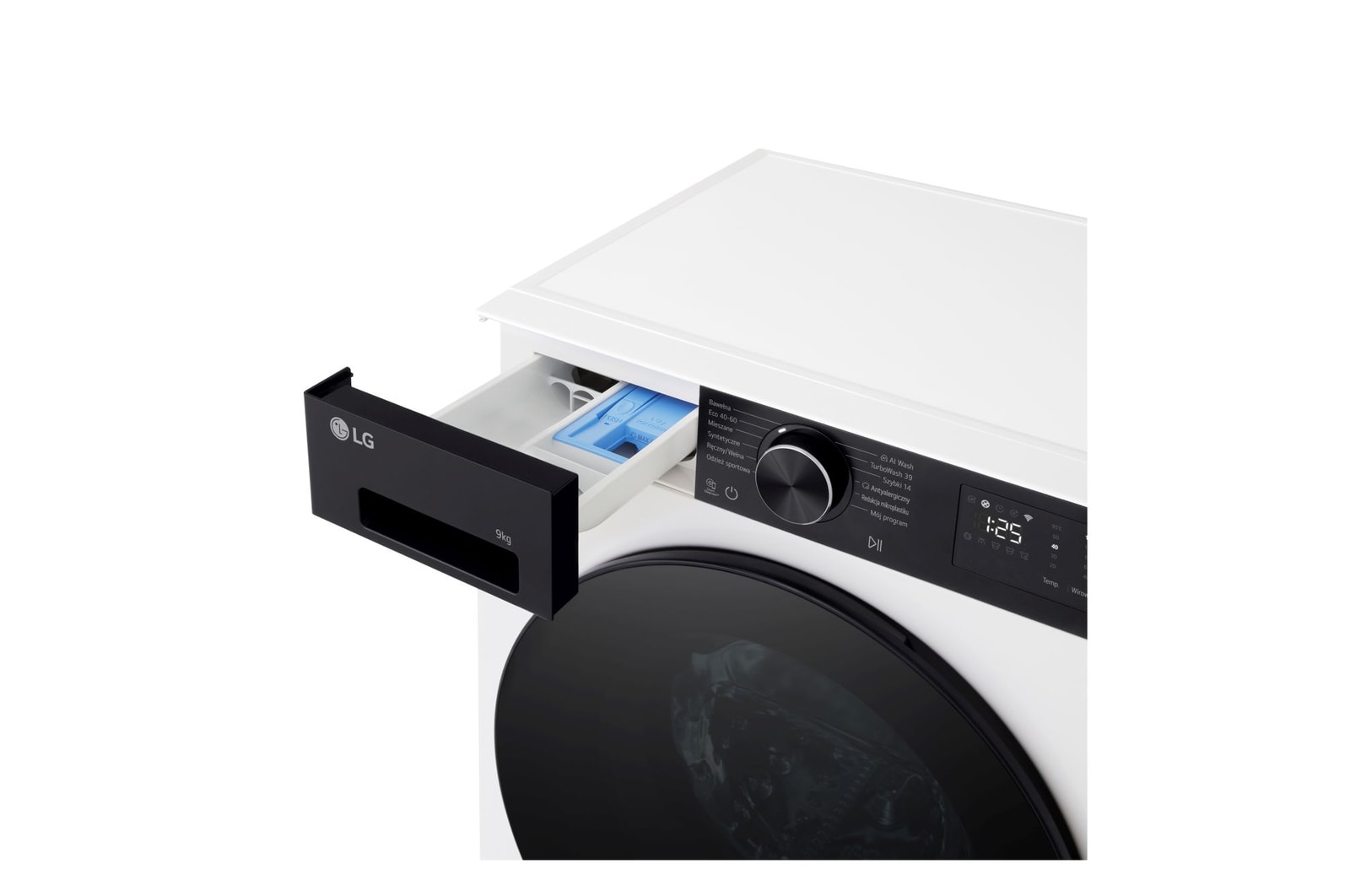 Foto vaschetta del detersivo aperto lavatrice Immagine frontale della lavatrice LG F2NX50S9THB Slim 9kg Serie X5 Classe A