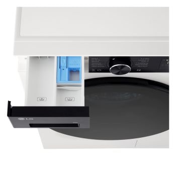 Foto dall'alto con vista vaschetta detersivo aperto lavatrice Immagine frontale della lavatrice LG F2NX50S9THB Slim 9kg Serie X5 Classe A