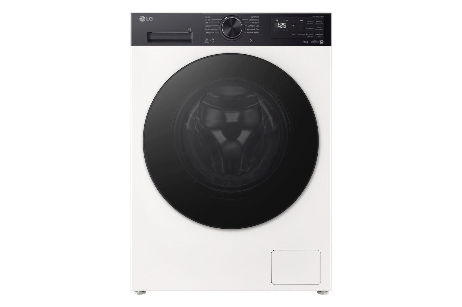 Vista frontale di Lavatrice 9kg Next AI DD™ | Serie X5 Classe A-40% | 1400 giri, Wi-Fi, AI Wash, Vapore, TurboWash | Ivory White+ black panel F4NX5009THB