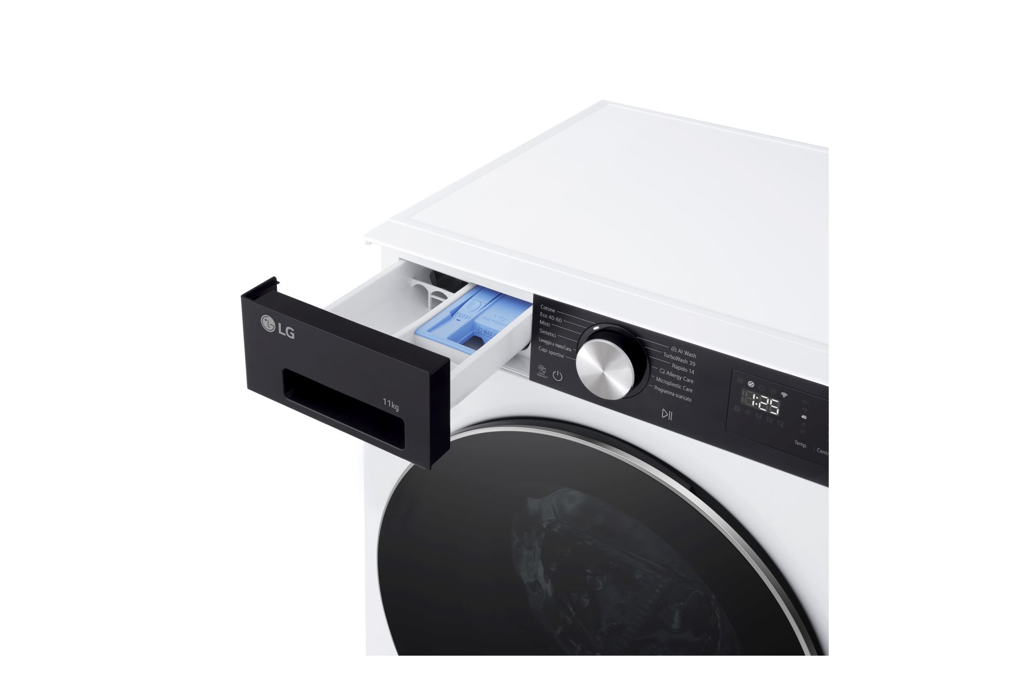 vista con cassetto detersivo aperto lavatrice LG F4NX5009TKC