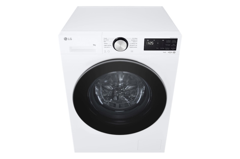 Vista frontale dall’alto di una lavatrice LG F4NX5009TLC