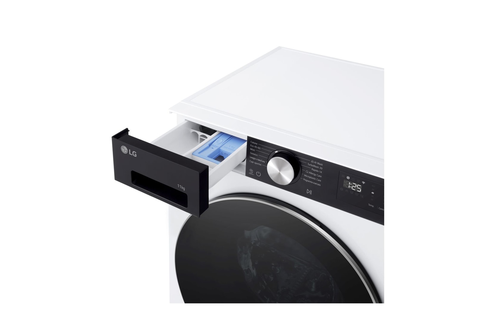 Cassetto detersivi e logo AI DD Lavatrice LG F4NX5011TKC